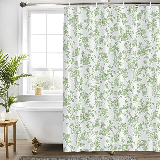 Seorsok Green Shower Curtain,Sage Floral Cotton Linen Cottagecore,Elegant Floral Fabric Shower Curtain Machine Washable Waterproof Bathroom Decor 60'Wx72'L inches