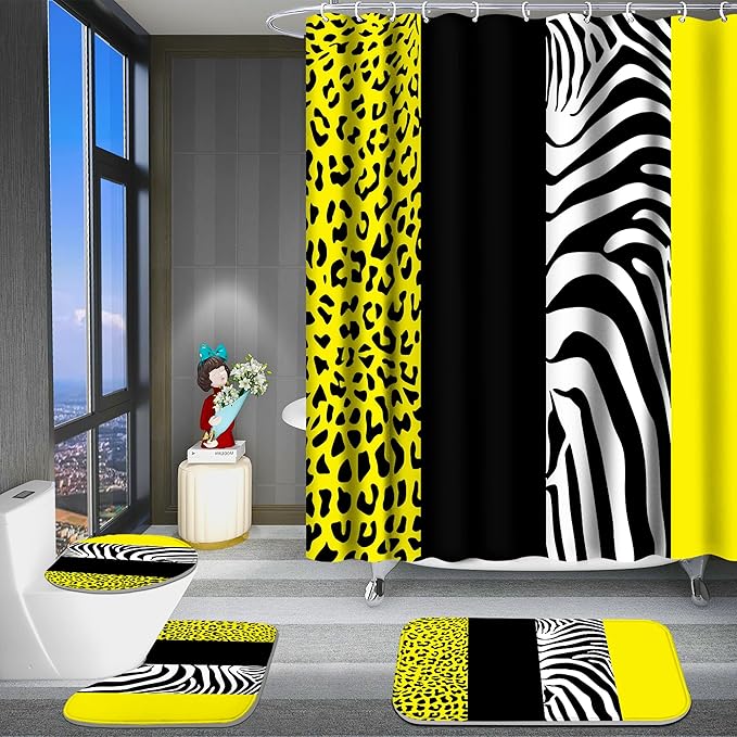 Poedist 4 Pcs Bathroom Shower Curtain Set, Yellow Print Bright Style Shower Curtain Sets with Rugs (Bath Mat, U Shape and Toilet Lid Cover Mat) and 12 Hooks