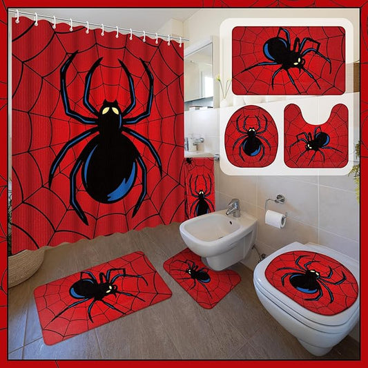 Nuanchu 6 Pcs Spider Shower Curtain Set with Rug Bathroom Sets with Shower Curtain Bath Mat U Shaped Mat Toilet Lid Cover 2 Bath Towels and 12 Hooks Red Black Spider Bathroom Decor