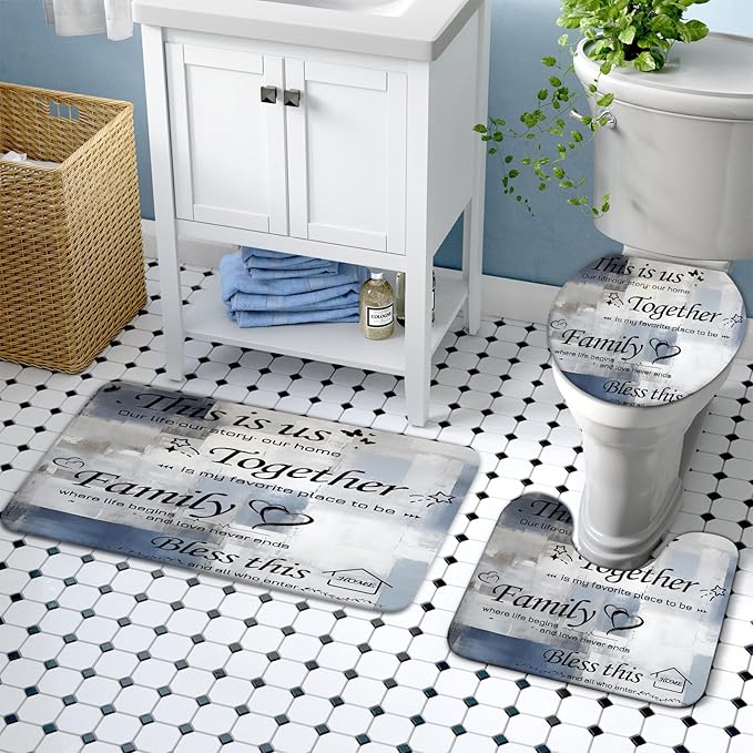 Lnond 4Pcs Bathroom Shower Curtain Sets with Rugs, Navy Blue Motivational Home Family Bathroom Sets with Shower Curtain and Rugs and Accessories