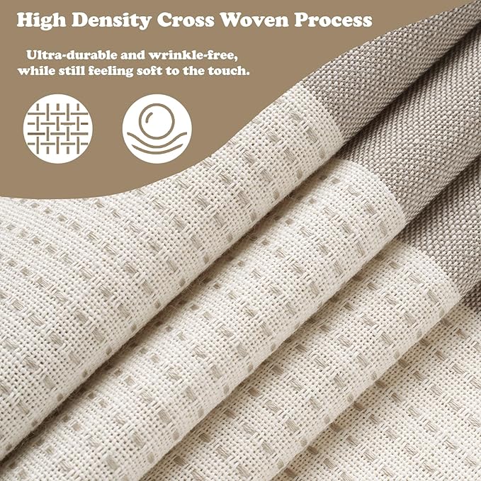 Boho Farmhouse Thick Tan Shower Curtain with Tassels, 350GSM Cotton Linen Soft Fabric Shower Curtain Heavyweight, 72 x 72 Inch Beige Brown Striped Country Bathroom Decor Curtain Water Repellent