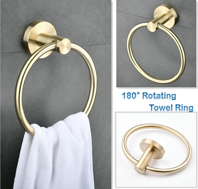 SHUNLI 5 Pieces Bathroom Accessories Hardware Set (Adjustable Towel Bar 16 to 26 Inch, Toilet Paper Holder, Towel Ring, 2PCS Hook) Brushed Gold Wall Mounted Bath Fixtures Set, SUS304 Stainless Steel