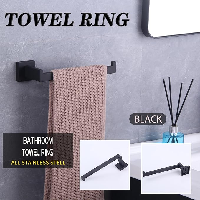 GERZWY SUS 304 Stainless Steel Bathroom Hand Towel Holder Matte Black Towel Ring for Bath Kitchen Garage Heavy Duty Wall Mounted FG1606-BK