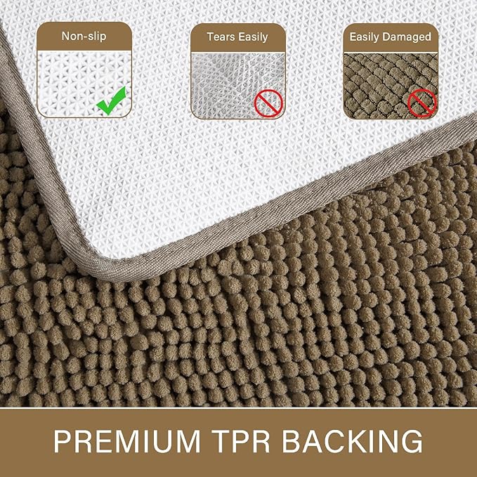 LOCHAS Luxury Bathroom Rug Shaggy Bath Mat 24 x 60 Inch, Washable Non Slip Bath Rugs for Bathroom Shower, Soft Plush Chenille Absorbent Carpets Mats, Tan