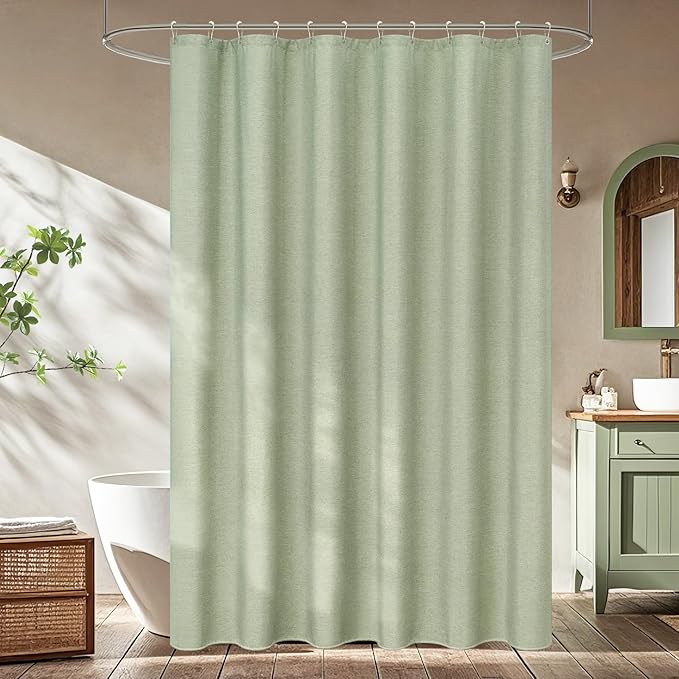 Sage Green Farmhouse Fabric Shower Curtain Water-Resistant, 72 x 78 Inch Extra Long Natural Faux Linen Textured Shower Curtain Washable, Boho Country Rustic Thick Bathroom Curtain Ultra-Durable