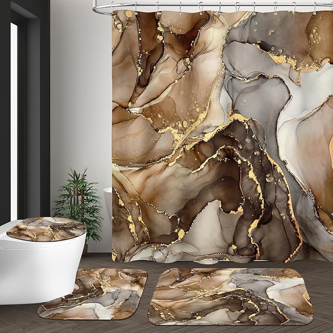 NBVKO 4Pcs Luxury Brwon Marble Pattern Shower Curtain Set with 12 Hooks Non-Slip Rugs,Toilet Lid Cover and Bath Mat, Stylish Bathroom Decor for Hotel & Home Bathroom