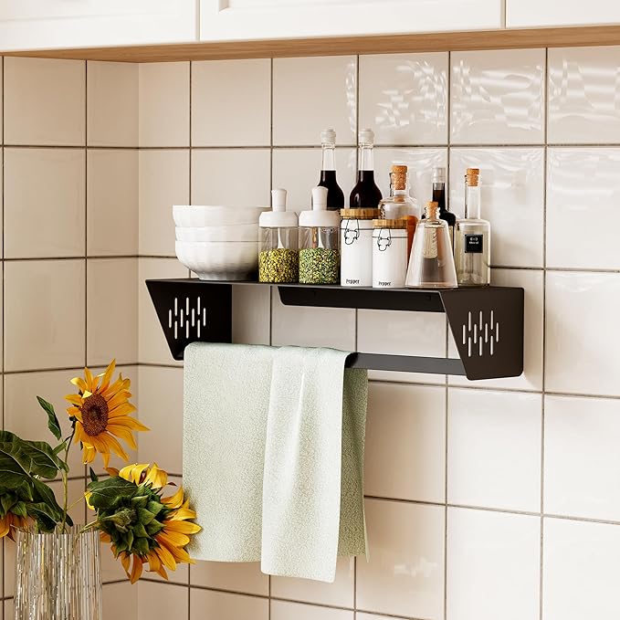 Qeke Bathroom Lavatory Towel Rack, Wall Mount Towel Holder Towel Hanger Shelf with Towel Bar, SUS 304 Stainless Steel Towel Rack for Bathroom and Lavatory, Matte Black, 18 Inch