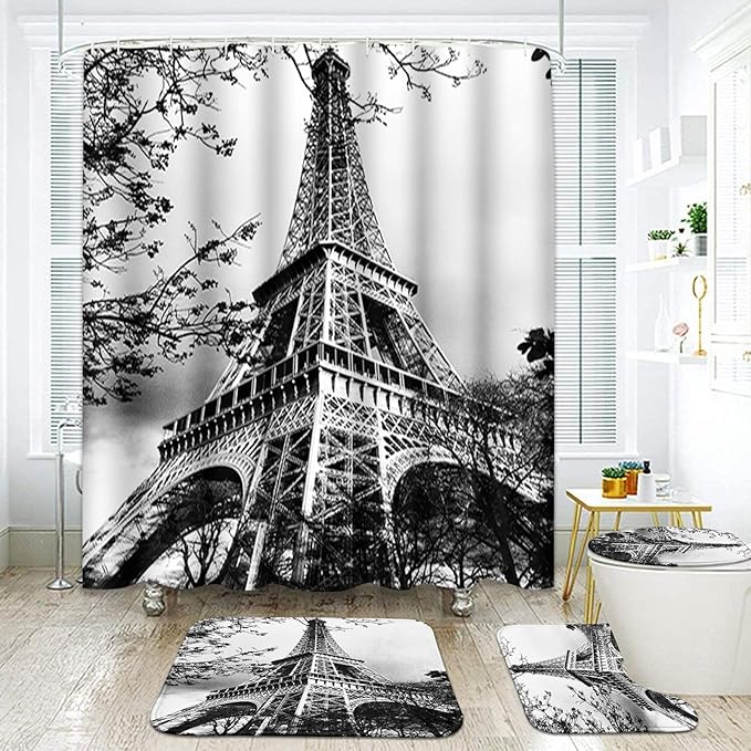 Britimes 4 Piece Shower Curtain Sets, with 12 Hooks, Eiffel Tower Paris Iron Black with Non-Slip Rugs, Toilet Lid Cover and Bath Mat, for Bathroom Decor Set, 72" x 72"