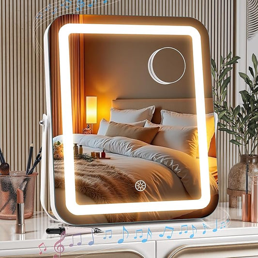 MINISO LED Vanity Mirror with Bluetooth Speaker, 9.8" x 11.8" Makeup Mirror with Lights, Light & Brightness Smart Sensor, Aluminum Alloy Metal White Frame, with 10X Magnifying