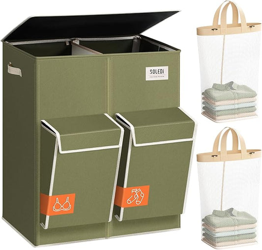 SOLEDI Double Laundry Hamper with Lid, 47.8 Gal (180L) Large Laundr Basket 2 Section with 2 Side Pockets, Dirty Clothes Hamper with Removable Bag, Easy to Carry for Laundry Room, Bedroom, Avocado