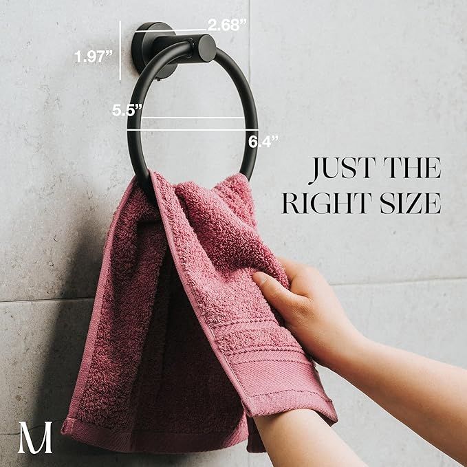 MARMOLUX ACC Matte Black Towel Rings (2 Pack) - Modern Hand Towel Holders for Bathroom Wall - Round Stainless Steel Bathroom Towel Racks - Black Towel Hangers for Bathroom - Towel Holder Bathroom