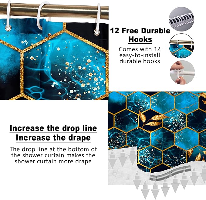 Poedist 4 Pcs Bathroom Shower Curtain Set,Peak Blue Honeycomb Marble Bathroom Sets with Rugs(Bath Mat,U Shape and Toilet Lid Cover Mat) and 12 Hooks
