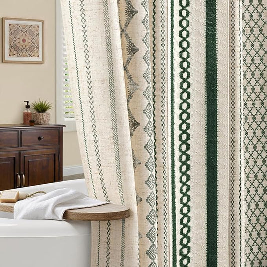 Dark Green Boho Shower Curtain for Bathroom, Linen Striped Print and Twine-Inspired Woven Center,72" W x 72" L