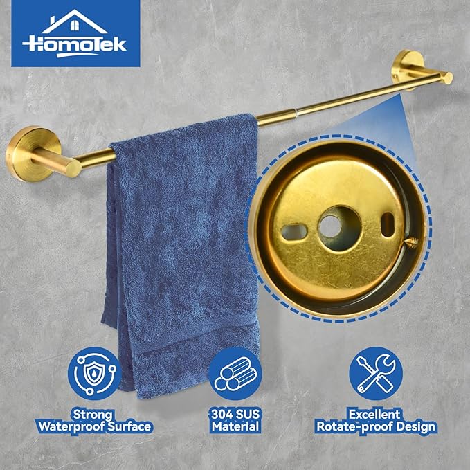 2 Pack Adjustable Towel Bar, HOMOTEK Economic Bathroom Towel Holder Rod from 12 Inch to 22 Inch Single Towel Racks, Wall Mount Towel Rail, Towel Hanger Hook for Kitchen(Gold)