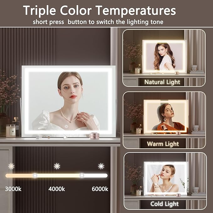 Hasipu Vanity Mirror with Lights, 14" x 11" LED Makeup Mirror, 3 Modes Light, Smart Touch Control Dimmable, 360°Rotation, Rectangle White Frame, with 5X Magnifying Glass