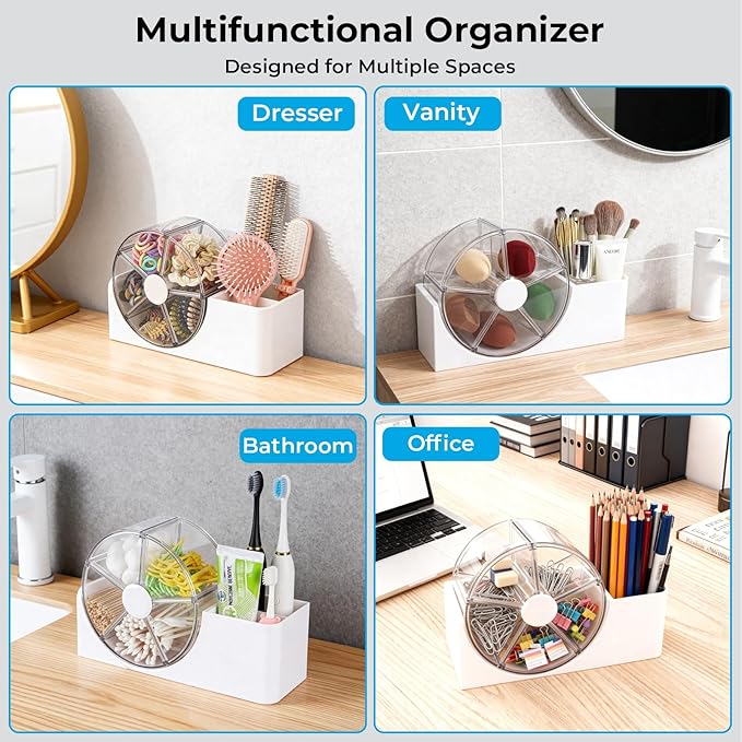 Hair Accessories Organizer with 5-Section Rotating Case | 2-Slot Comb & Hair Brush Holder | Cute Bathroom Vanity Caddy for Hair Tiles, Clips, Scrunchies, Other Accessories | Girls Vanity Décor (White)