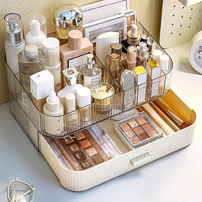 Makeup Organizer with Drawer, Stackable Cosmetic Organizer for Vanity and Bathroom Countertop, Clear Storage for Perfume, Skincare, Lipstick and Brushes, Cream White