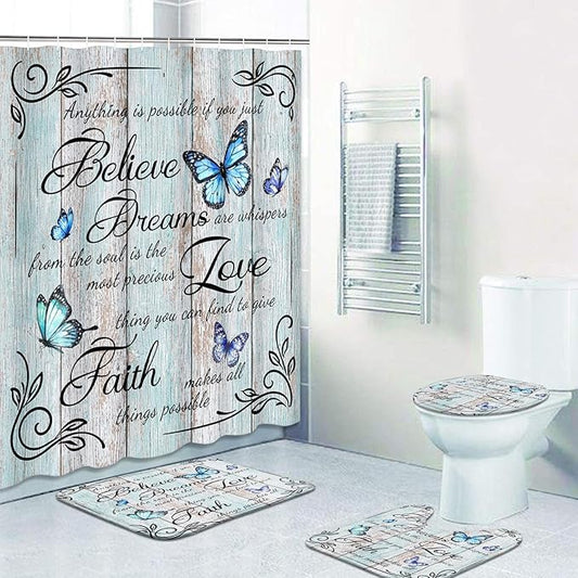 Britimes 4 Piece Shower Curtain Sets with 12 Hooks, Blue Butterfly Inspirational Quotes Farmhouse with Non-Slip Rugs, Toilet Lid Cover and Bath Mat for Bathroom Decor Set 72" x 72"