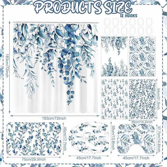 Tatuo 8 Pcs Blue Eucalyptus Shower Curtain Set Blue Eucalyptus Theme Bathroom Accessories Sets Decor Nautical Coastal Waterproof Shower Curtain with Towels Carpet Bath Mat Toilet Rugs and 12 Hooks