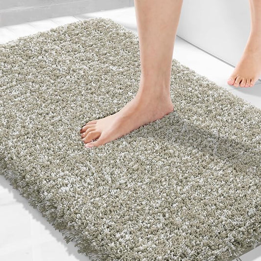 Yimobra Bathroom Rugs Non Slip Washable 36x24, Ultra Soft and Water Absorbent Bath Mats, Plush Fluffy Shower Mat Outside, Luxury Microfiber Thick Matts for Bathroom Floor/Tub, Light Tan and White