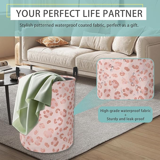 Pink Leopard Print Round Laundry Basket Collapsible Laundry Hamper with Handles Toys Clothes Organizer Bin For Home Bathroom Bedroom Dorm Nursery