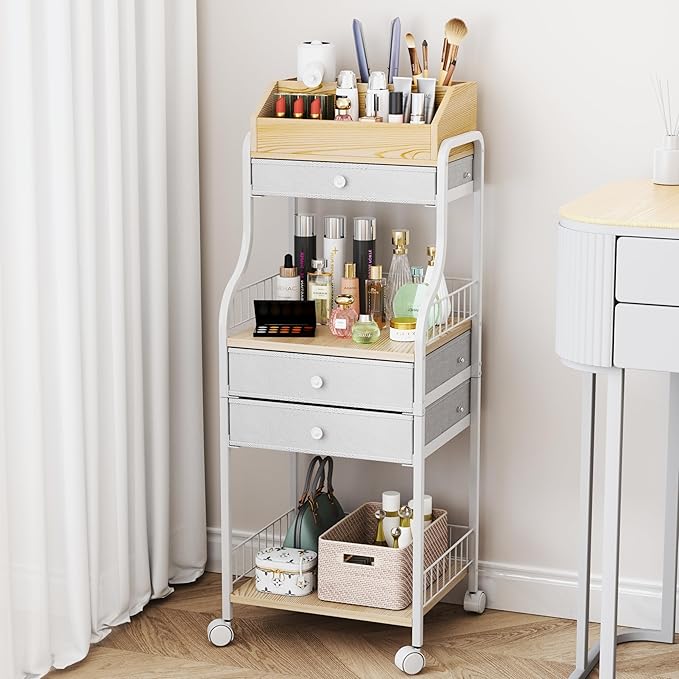 HapiRm Floor Makeup Organizer Cart - Vanity Skincare Beauty Organizers Makeup Storage with Drawers, Cosmetics Display Cases Holder Nail Cart for Hair Accessories Polish Perfume Make up Brush