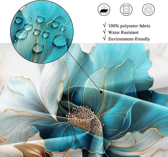 Riyidecor Teal Gold Marble Floral Shower Curtain for Bathroom Decor 72Wx72H Turquoise Abstract Ombre Flower Luxury Modern Minimalist Art Printed Fabric Polyester Waterproof 12 Pack Plastic Hooks