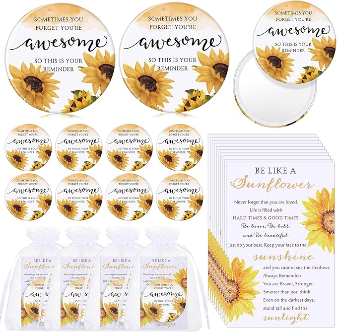 25 Set Mother's Day Inspirational Compact Mirror Religious Bulk Gift for Women Christian Mini Makeup Pocket Mirror Administrative Professional Gift with Card for Volunteer Employee Teacher (Sunflower)