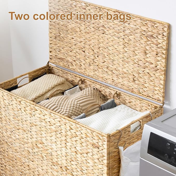 Laundry Hamper with Wheels, 52.8 Gallon(200L) Water Hyacinth Laundry Basket with Lid, 3-Section Wicker Clothes Hamper with 3 Removable Liners, Laundry Sorter with Side Pocket, Natural