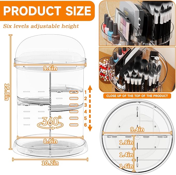 Yieach 360 Rotating Makeup Organizer for Vanity,Clear Spinning organizer and Make up organizers for Counter,Adjustable Lazy Susan Bathroom Organizer for Beauty Product and Skin Care Storage Carousel