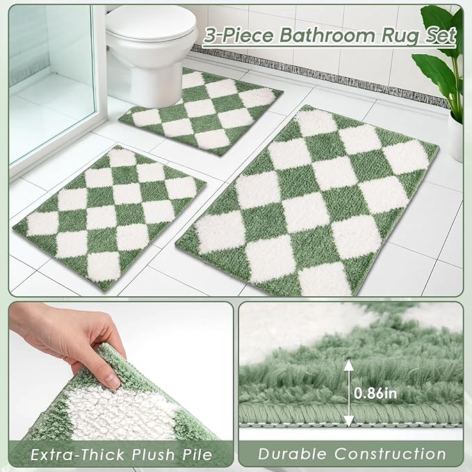 Britimes Sage Green Bathroom Sets with Shower Curtain and Rugs, Minimalist Geometric Modern Striped Waterproof Shower Curtain Liner and Soft Non Slip Bath Mat for Bathroom Decor and Accessories Hooks