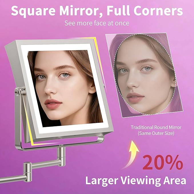 Wall Mounted Lighted Makeup Mirror, Rechargeable Double-Sided 1X/10X Magnifying Mirror with Light, Touch Dimmable 3 Color Lights, 360° Rotation Extendable Arm (Brushed Nickel)