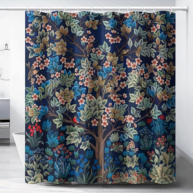 William Morris Floral Shower Curtain,Watercolor Vintage Flower Art Style Shower Curtain Set 66"×72" Inch