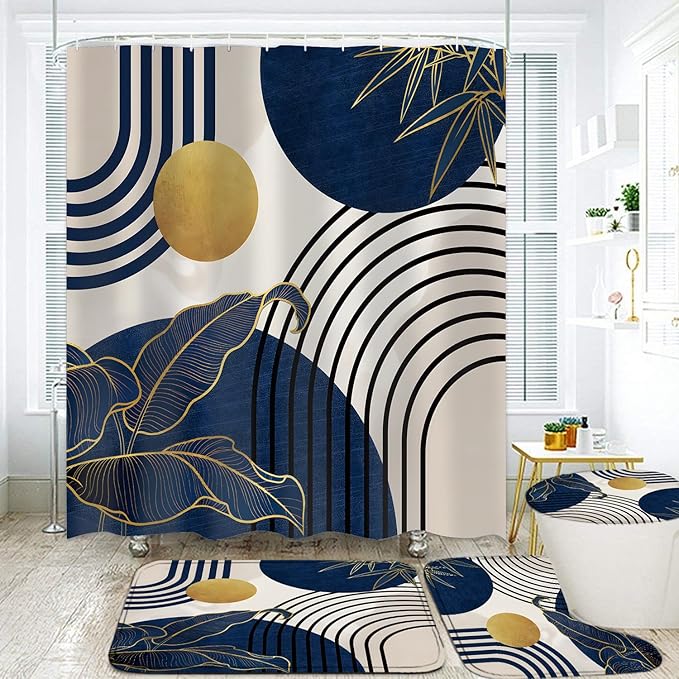 FZDHHY 4Pcs Blue Shower Curtain Set, Boho Bathroom Sets, Bamboo Leaf Bathroom Shower Bathroom Sets with Shower Curtain and Rugs, Shower Curtain with 12 Hooks