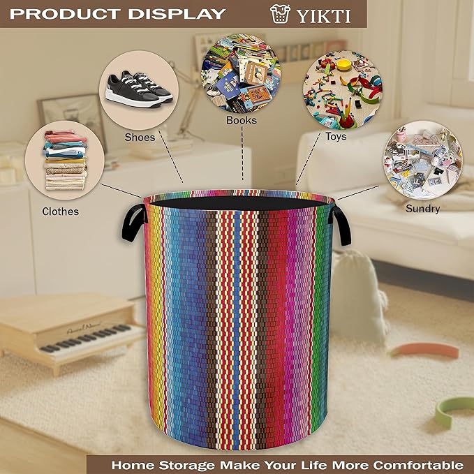 Mexican Stripes Laundry Hamper,Ethnic Collapsible Laundry Baskets,Waterproof Oxford Cloth Laundry Room Organization for Bedroom,Bathroom,Nursery,16x20 Inch