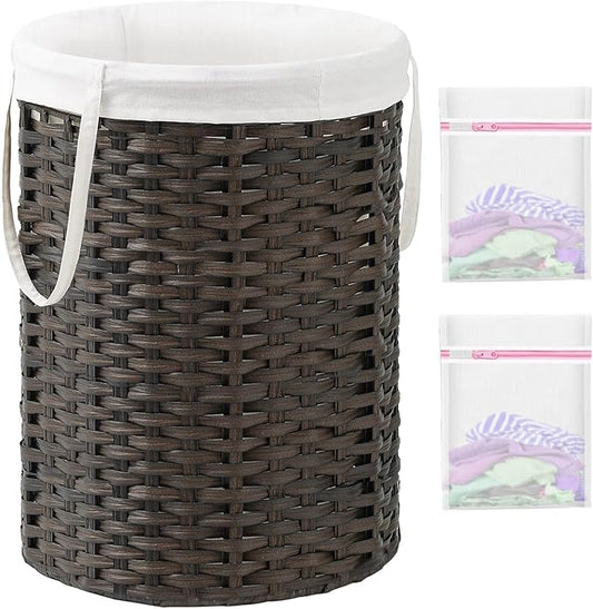 SETVSON Laundry Basket Round Rattan Laundry Hamper 29.1 Gal(110 L) Handwoven Large Wicker Basket with Handles, Wicker Hamper with Removable Bags and 2 Mesh Bags for Bathroom Living Room Brown(No Lid)