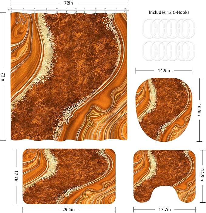4PCS Orange Marble Shower Curtain Sets with Rugs, Abstract Bathroom Sets with Shower Curtain and Rugs, Modern Bathroom Curtains Shower Set with Toilet Lid Cover Accessories for Bathroom Decor