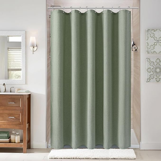Naturoom Light Sage 60 Inch Shower Curtain - Stall Narrow Half Linen Ultra Thick Fabric Shower Curtain Set with Hooks, Boho Farmhouse Rustic RV Camper Bath Curtains for Bathroom, 60x72
