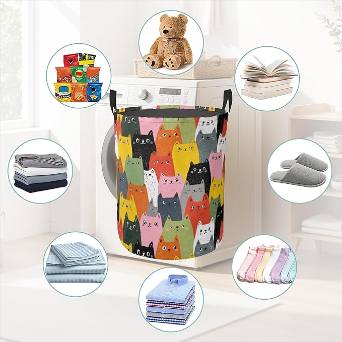 Colorful Cat Laundry Basket With Handles Tote Bag Oxford Cloth Funny Laundry Hamper Clothes Storage Bucket Toy Organizer 16" X 20.8"For Bathroom/Laundry/Bedroom
