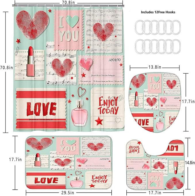 DDQQ 4Pcs Valentine's Day Shower Curtain Set Love Letter Post Office Bathroom Sets Modern Shower Curtain Set for Bathroom Sets with Rugs Red Love Shower Curtain with 12 Hooks