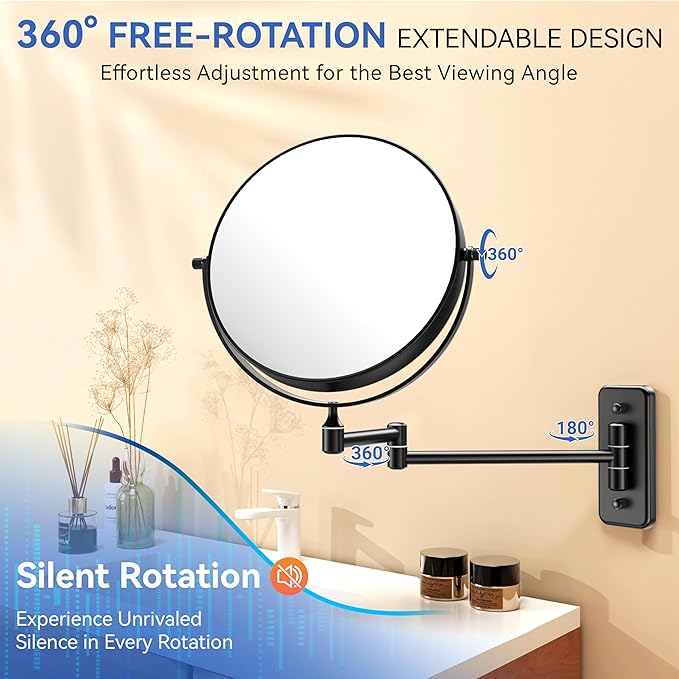Auxmir 1X/30X Wall Mounted Makeup Mirror, Double Sided Magnifying Mirror with Tweezers, Bathroom Makeup Mirror, Cosmetic Vanity Mirror with 360 Rotation Extendable Swivel Arm, Black