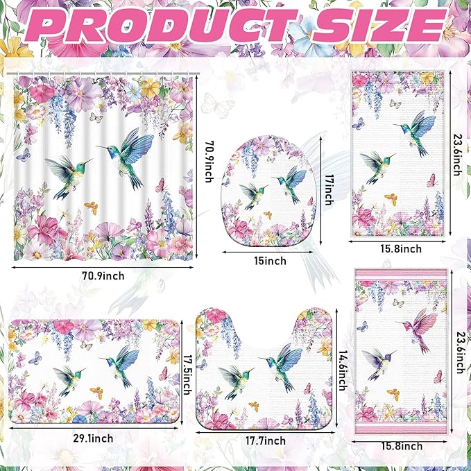 Nuanchu 6 Pcs Spring Shower Curtain Set with Rug Hummingbird Bathroom Sets with Shower Curtain Bath Mat U Shaped Mat Toilet Lid Cover 2 Bath Towels and 12 Hooks Hummingbird Flower Bathroom Decor