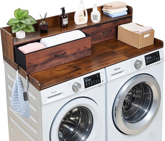 VEVOR 2 Drawers Washer Dryer Countertop with Shelf, 54" x 27" Wooden Laundry Countertop with 2 Hooks & Splicing Panels, Washer and Dryer Topper, Laundry Room Organization and Storage, Brown