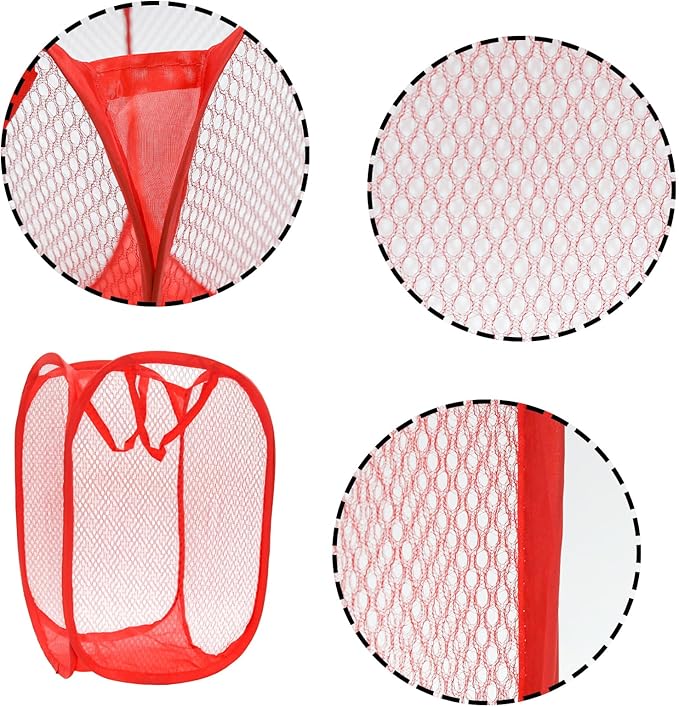 2Pcs Popup Mesh Laundry Baskets, Collapsible and Portable Laundry Hamper, Ideal for Travel and Home Use (Red & Orange)
