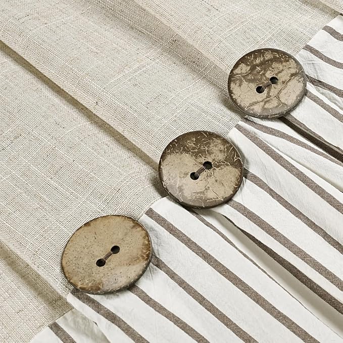 Farmhouse Shower Curtain,Beige and Brown Stripe,Button Curtain,Linen and Cotton Woven Fabric,Rustic Charm Country Chic Style,72x72 in