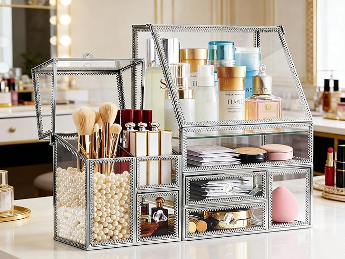 Hersoo Glass Makeup Organizer for Vanity/Stackable 2Pieces Drawer Set/Antique Countertop Vanity Cosmetic Storage Box Mirror Glass Beauty Display, Holder for Brushes Lipsticks Skincare Toner (Silver)