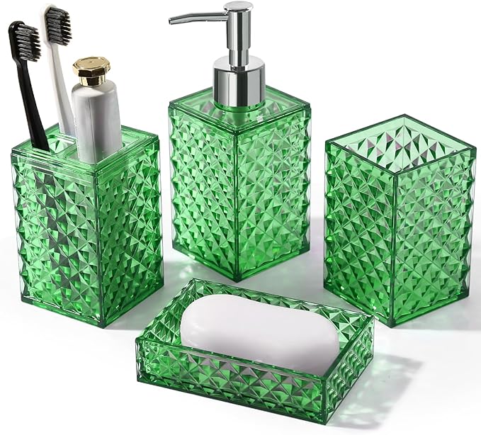 RYTOXILO Green Bathroom Accessories Set, 4 Pack Green Bath Accessory Sets Complete, Acrylic Soap Dispenser and Toothbrush Holder Set for Bathroom Counter Sink, Modern Bathroom Decor
