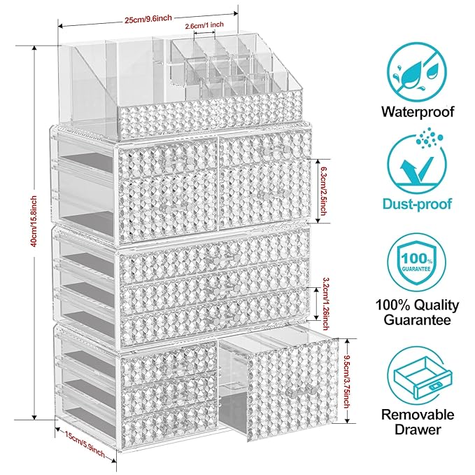 Awenia 4 Pack Stackable Makeup Organizer[Upgraded],Acrylic Cosmetics Storage Large Capacity with 11 Drawers For Brush Holder,Perfume or Jewelry Display,Plus Size| Ship from USA(Clear)