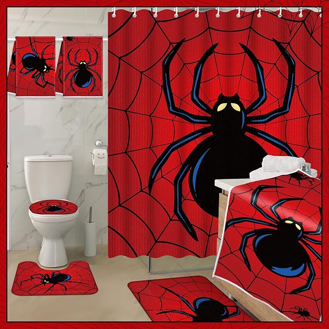 Nuanchu 6 Pcs Spider Shower Curtain Set with Rug Bathroom Sets with Shower Curtain Bath Mat U Shaped Mat Toilet Lid Cover 2 Bath Towels and 12 Hooks Red Black Spider Bathroom Decor