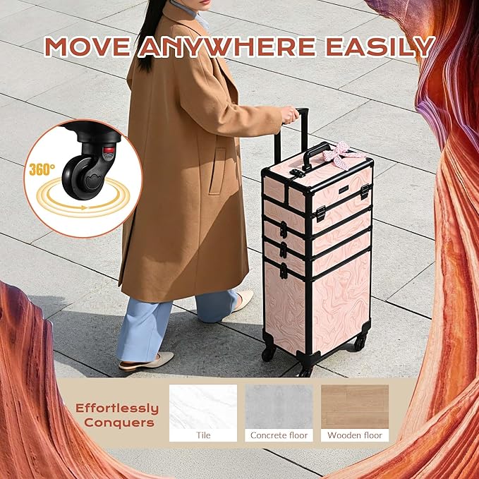 BYOOTIQUE 4in1 Rolling Makeup Case with 4 Pull-Out Trays, Easy Access Cosmetic Organizer with Wheels for Makeup Artist,Lockable Latches for Secure Storage,CoyoteButtes Dusk